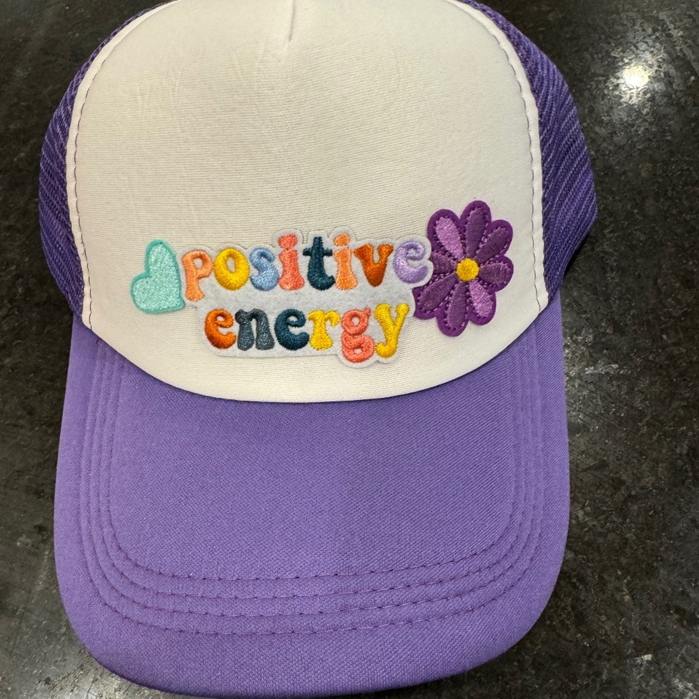 Trucker Hat womans homemade positive attitude patches purple